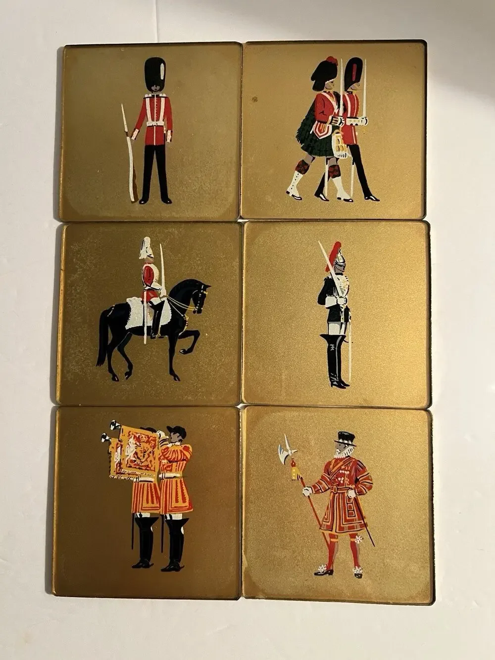 Military Coronation Coaster Set 1950s REVERSE GLASS PAINTED M/I England